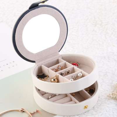 Amazon hot sell small pu leather round jewelry organizer box with mirror lock jewel case luxury velvet jewelry storage box for