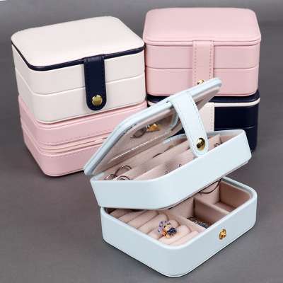 Amazon hot sell small pu leather square jewelry container box with mirror lock jewel case luxury velvet jewelry storage box for