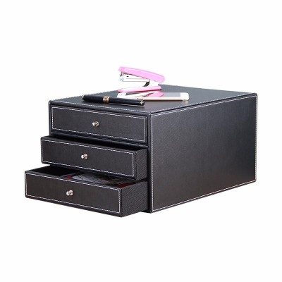 Multi-functional 3 Drawer Leather Desk Organizer File Cabinet Office Supplies Desktop Storage